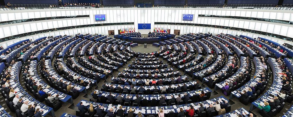 The Hemicycle of the European Parliament in Strasbourg during a plenary session in 2014. Wikimedia Commons.